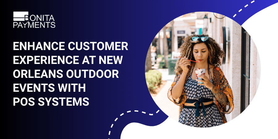 Vendor using mobile POS system to process customer payment at outdoor festival in New Orleans.