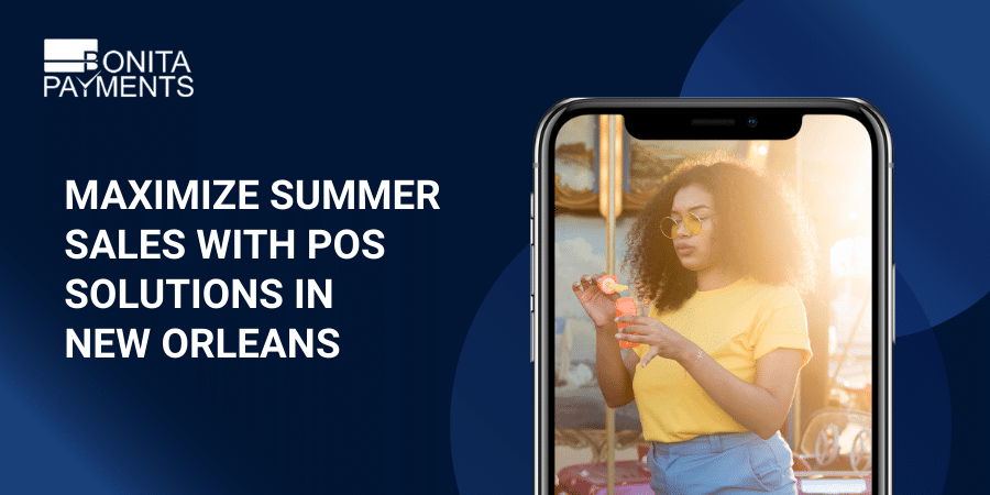 New Orleans business owner using a modern POS system to serve summer tourists efficiently during peak season.